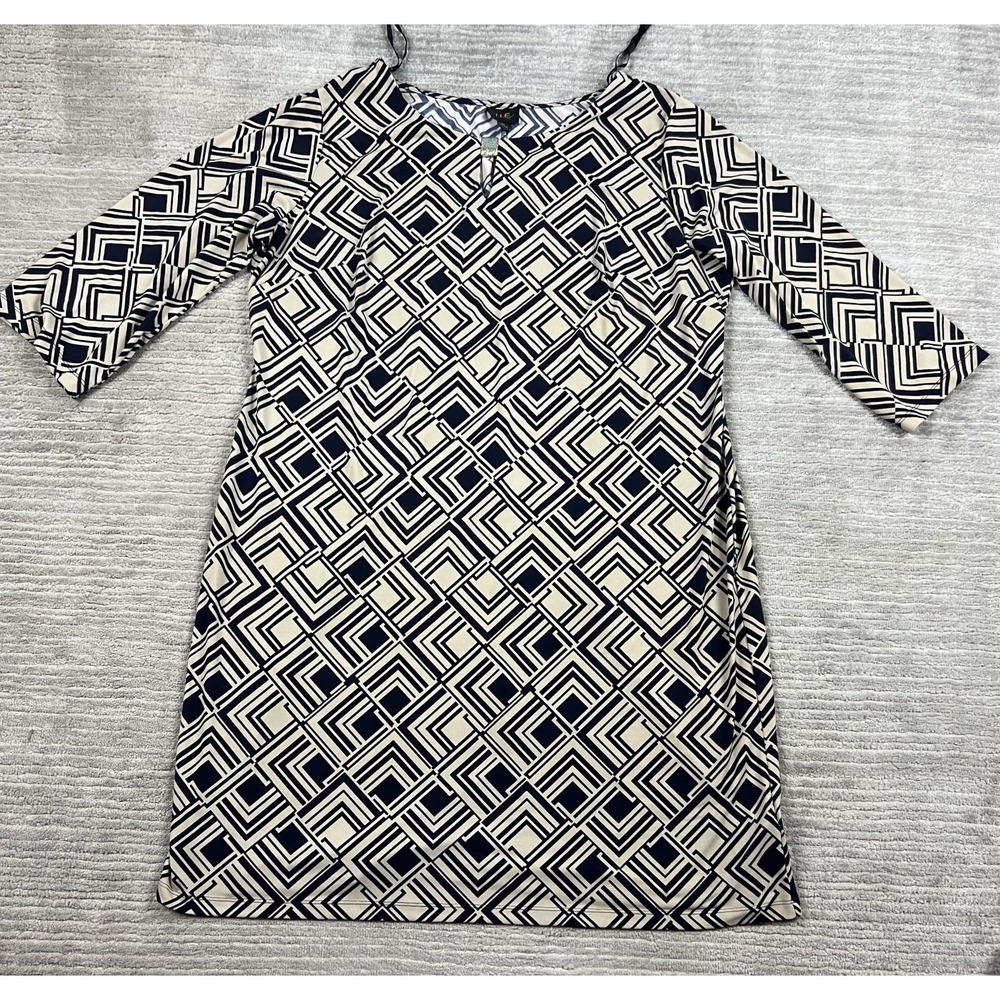 ILE New York Dress Womens 18 Navy Cream Geometric Diamond 3/4 Sleeve Sheath Mod